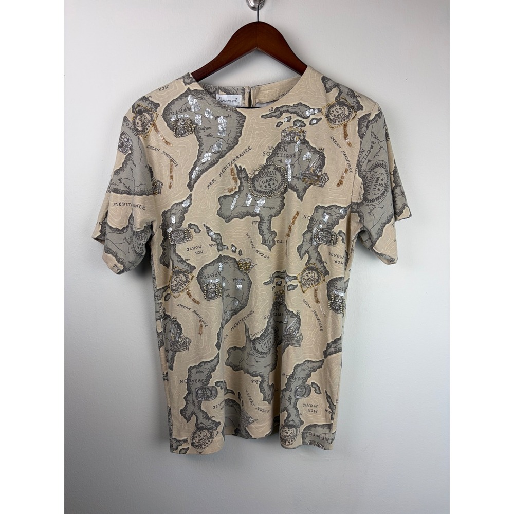 Vintage 90s Eminent Map Print T-Shirt Small Tan Sequin Embellished Explorer